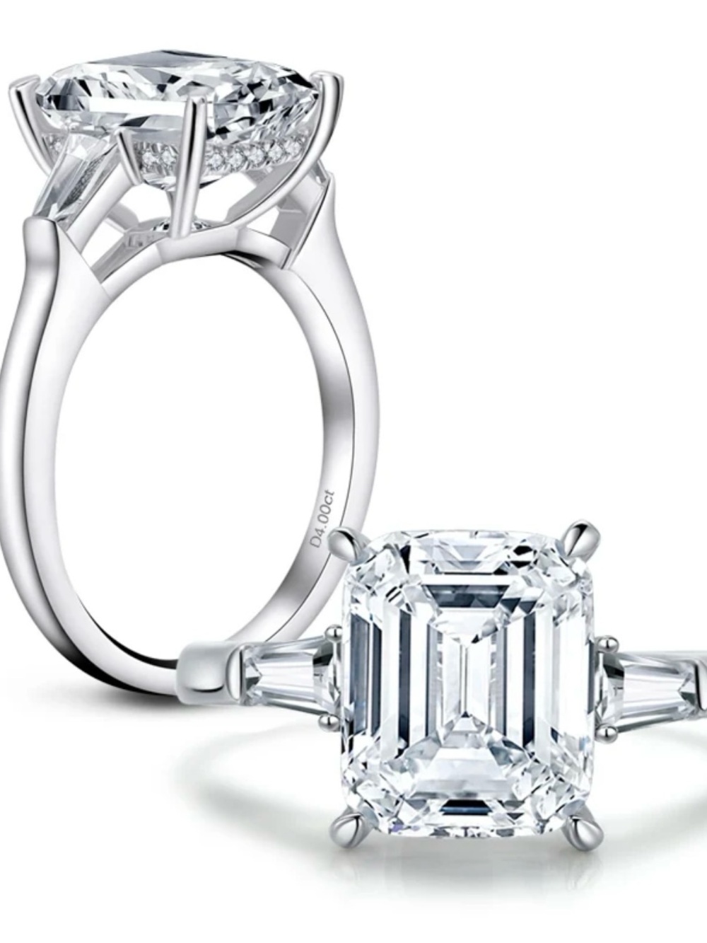 NWT Ainuoshi Emerald Cut Moissanite Three Stone Ring